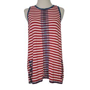 THML By Anthropologie Red & White Striped Sleeveless Top Blue Floral Embroidery